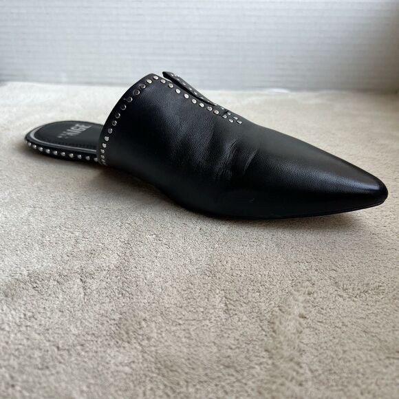 Paige Alia Black Leather Mule Slide Flats Women 7 Silver Stud Pointed Toe Casual - Picture 3 of 15